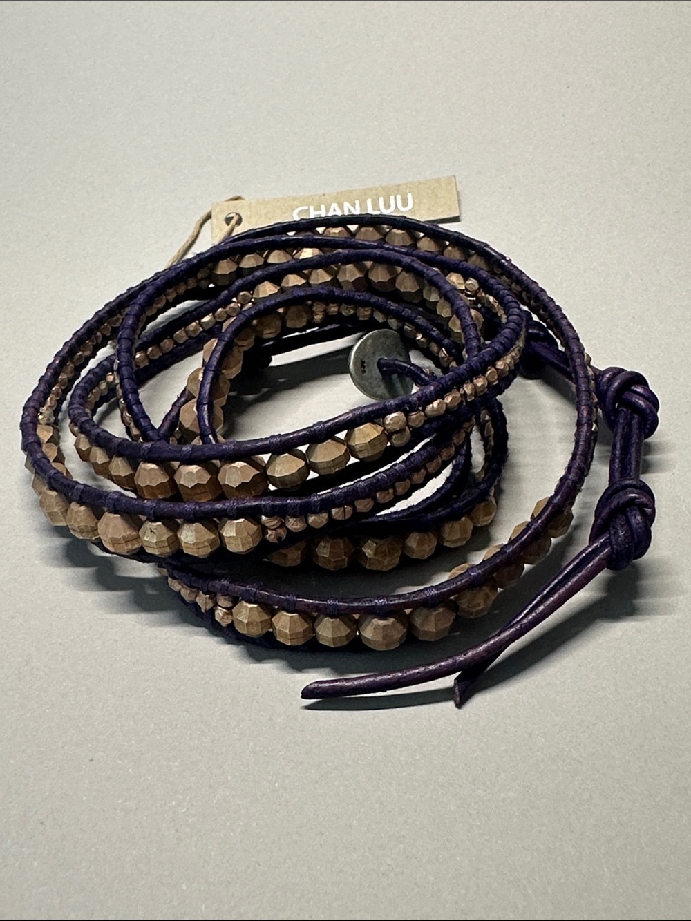 Chan Luu Navy Purple Leather Wrap Bracelet with Gold Beads